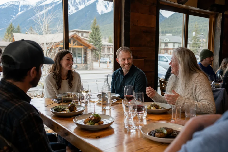 Guests enjoying tasting dishes on the Downtown Foodie Tour in Jasper
