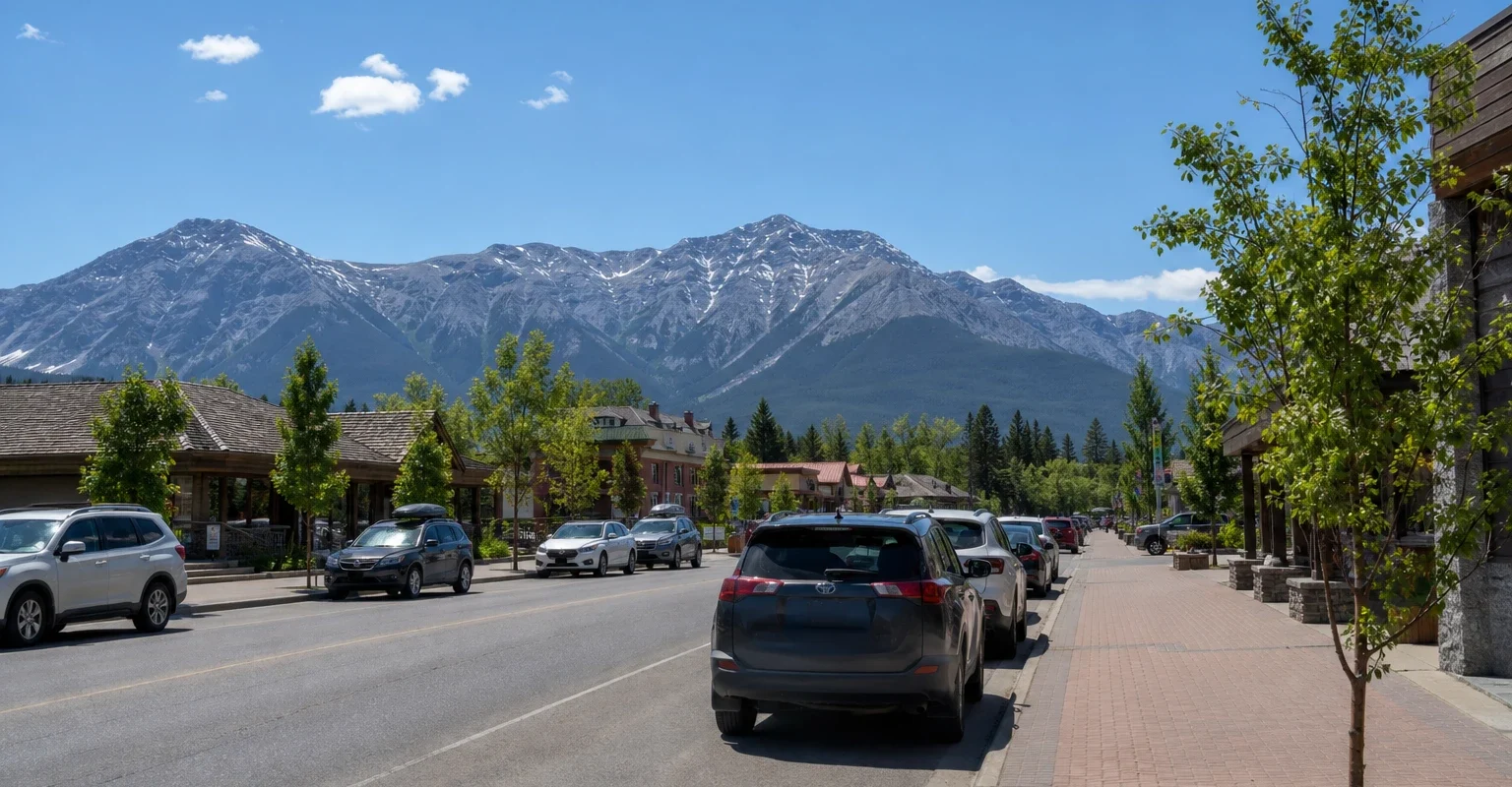 Parked vehicles in Jasper townsite with Canadian Rockies mountains in the background