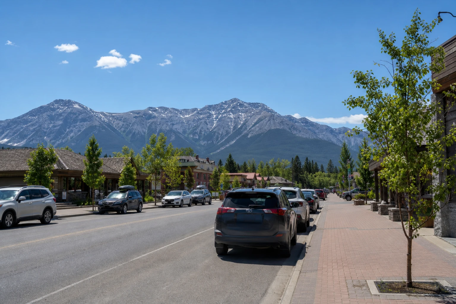 Parked vehicles in Jasper townsite with Canadian Rockies mountains in the background