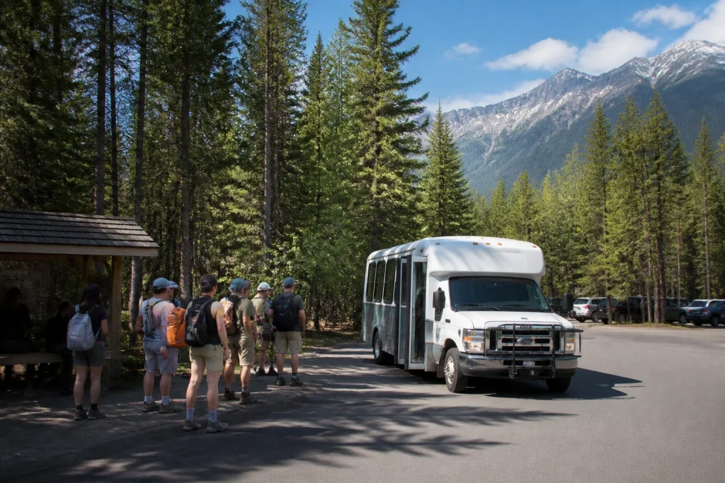 Campground shuttle pickup setting at Whistlers Campground in Jasper National Park
