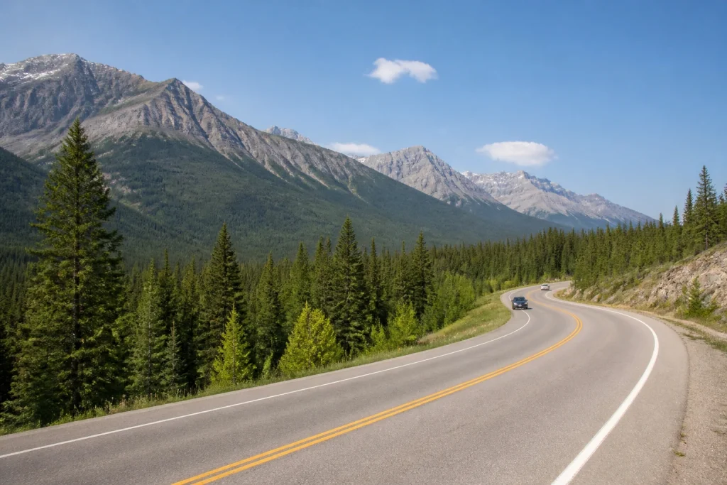 Highway 93A winding through forest and mountains in Jasper National Park